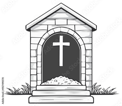 Sketch of a religious stone mausoleum with a cross inside, grassy lawn, memorial drawing