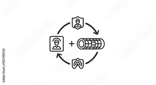 Circular diagram showing people and security symbols with a plus sign and a cylinder.