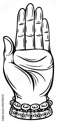 Hand of a deity in a blessing mudra gesture of protection and fearlessness line art vector