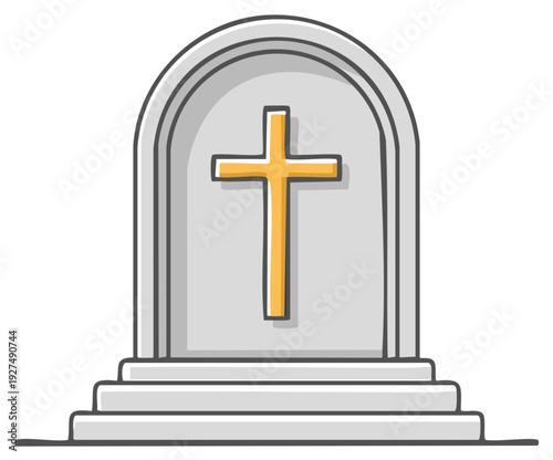 Cartoon grave stone marker with Christian cross in light grey color and light yellow lines