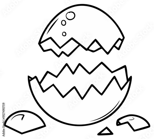 Broken eggshell hatching in black and white, vector illustration.