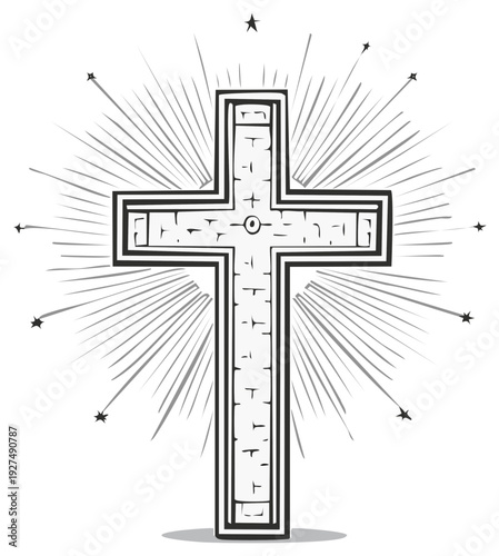 Sacred Christian Cross Surrounded by Radiant Sunburst and Stars Symbolizing Divine Light and Faith