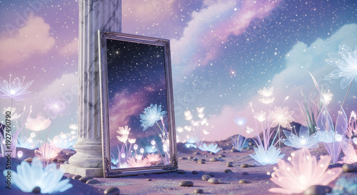 Wallpaper Mural A rectangular silver mirror rests against a marble pillar in a surreal field of bioluminescent glass flowers under a pastel nebula Torontodigital.ca
