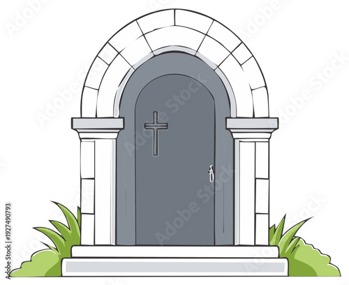 Stone Archway Entrance with Cross Emblem and Grass