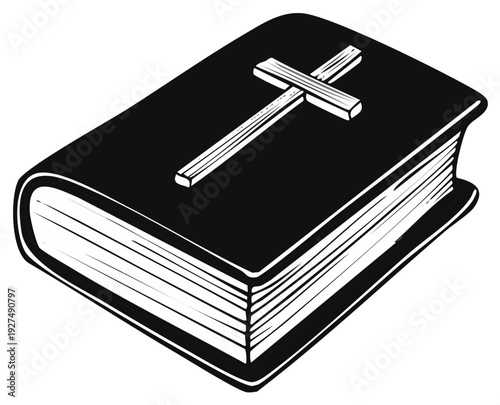 Holy Bible with Christian cross on the cover, a black and white vector illustration