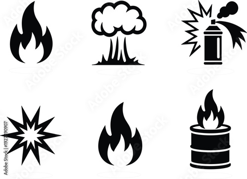 Professional fire flame and explosion hazard icon set, toxic spray and burning oil barrel vector illustration