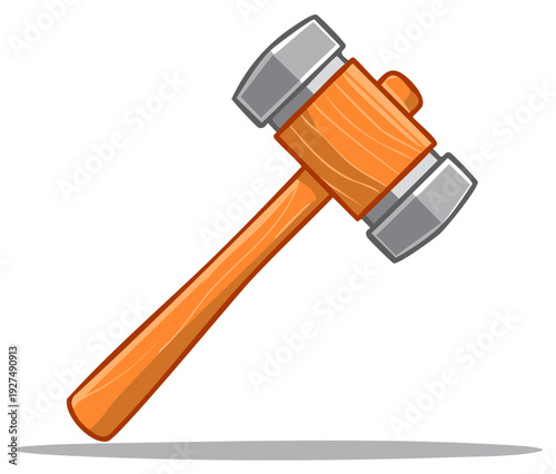 Illustration of a heavy wooden mallet with a grey head and an orange handle used for woodworking or construction projects.