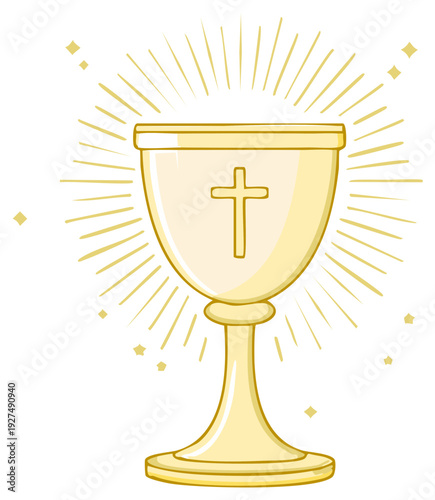 Golden chalice with cross symbol and radiating golden light divine grace and sacrament
