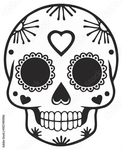 Day of the Dead Skull Icon, Black and White Sugar Skull Illustration, Floral Detail Heart Shapes for Halloween, Mexican Holiday