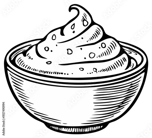 Hand Drawn Sketch of Creamy Dip or Spread in a Bowl with Swirl Top