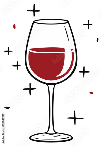 Stylized hand drawn glass filled with red wine and sparkling festive elements