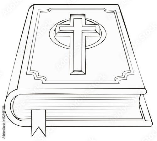 Christian Holy Bible with a cross on the cover and bookmark line art illustration