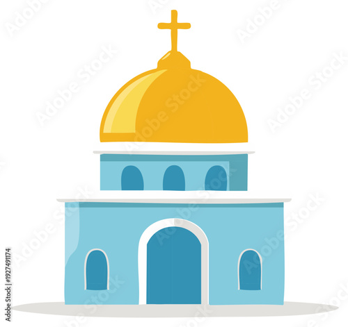 Simple church building with blue walls and golden dome topped with a cross