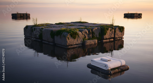 Wallpaper Mural Square granite blocks covered in moss float on a perfectly still sea with a folded white cloth resting on a small stone Torontodigital.ca