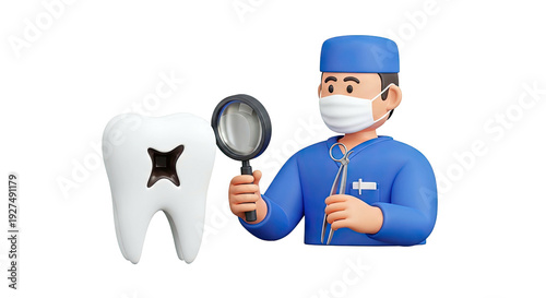 3D Cartoon Dentist Examining a Cavity in a Tooth