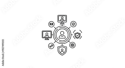 Centralized user management system with security and communication icons.