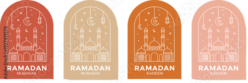 Ramadan Mubarak Arch Poster Vector Set Featuring Mosque Silhouette, Crescent Moon, Stars, and Minimal Islamic Ornament Design for Festive Greetings