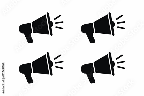 A set of four black megaphone icons on a white background