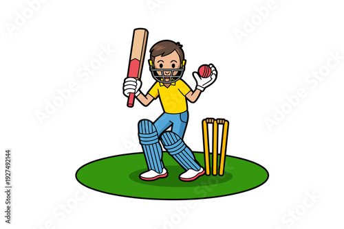 Cricket player cartoon illustration with bat and ball on green field