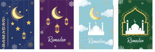 Ramadan Greeting Card Vector Set Featuring Crescent Moon, Lanterns, Mosque Silhouettes, and Decorative Islamic Patterns for Holy Month Celebration Designs