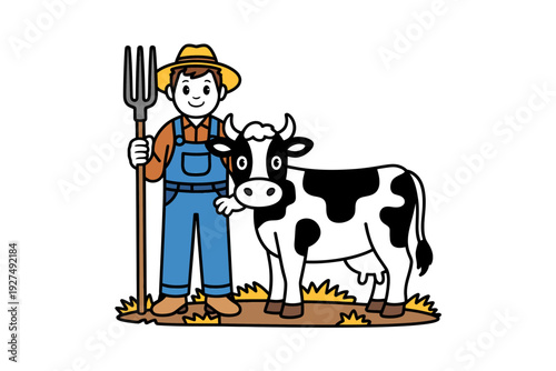 A farmer in overalls stands next to a black and white cow