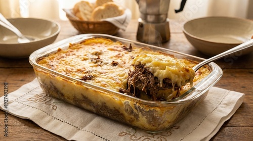 Traditional Brazilian Escondidinho (Shepherd's Pie) with dried meat and cassava purée.