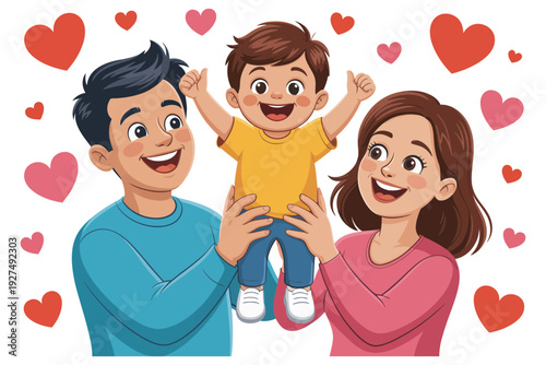 A happy family with a little boy surrounded by hearts