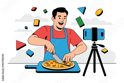 A man in a blue apron cutting a pizza for a video