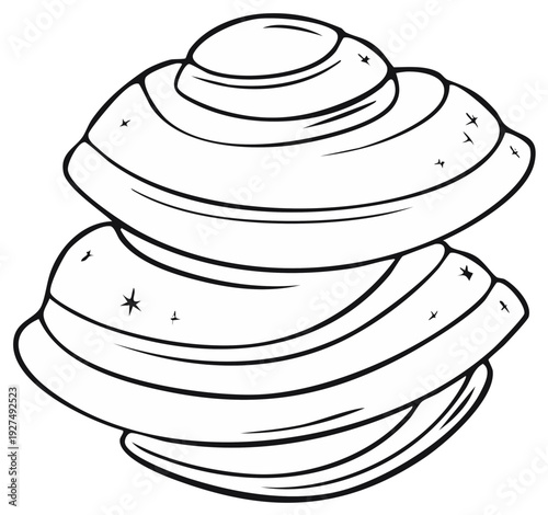 Two hand-drawn, outlined seashells stacked together, with subtle sparkle details