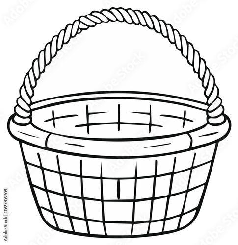 Simple line drawing of an empty wicker basket with a braided handle perfect for crafting and design elements
