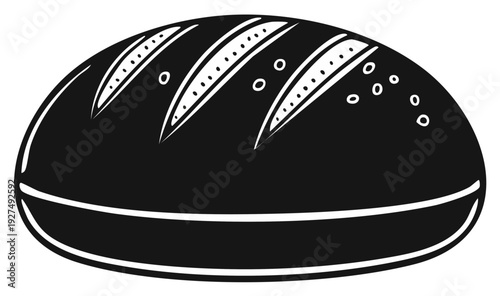 Black and White Silhouette of a Loaf of Bread with Scoring and Bubbles