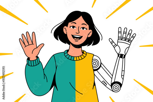 A woman with a robotic arm illustration in a colorful cartoon style