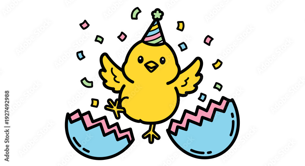 Fototapeta premium Cute baby chick hatching from egg wearing party hat with confetti isolated on transparent background