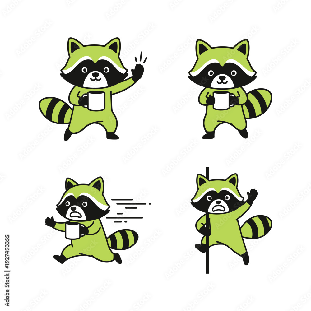 Naklejka premium Cartoon raccoons showing different emotions and actions in a minimalist style