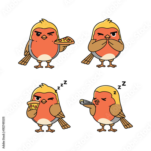 Cartoon bird with different facial expressions holding food and objects in a humorous style