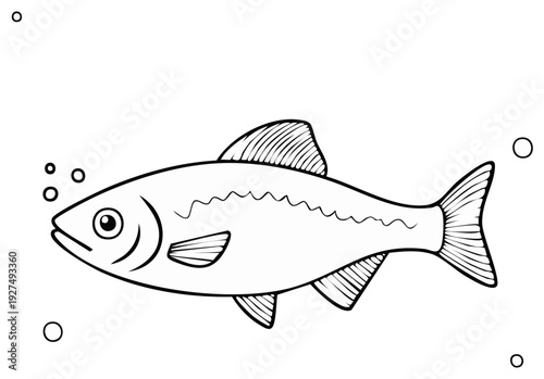 Simple line drawing of a freshwater fish swimming with bubbles underwater