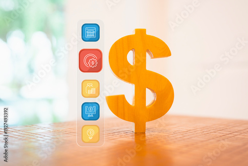 Wooden dollar sign with banking icons representing online investment, financial management, and money savings strategy. Concept of digital banking, wealth growth, and fintech solutions.