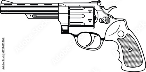 Detailed Revolver Handgun Line Art Illustration, Classic Six Shooter Pistol Outline Drawing Isolated on White Background for Security and Firearm Concept Design
