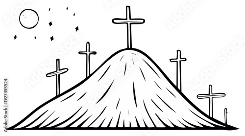 Drawn Hilltop With Multiple Crosses Under a Moonlit Night Sky