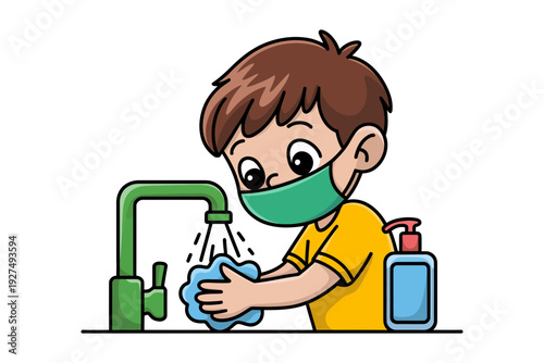 A cartoon boy wearing a mask washing his hands with soap