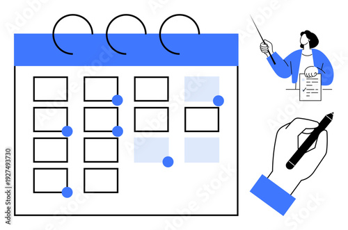 Calendar with dots on dates, hand writing with pen, person presenting with chart. Ideal for time management, event planning, organization, productivity, teamwork, scheduling task prioritization