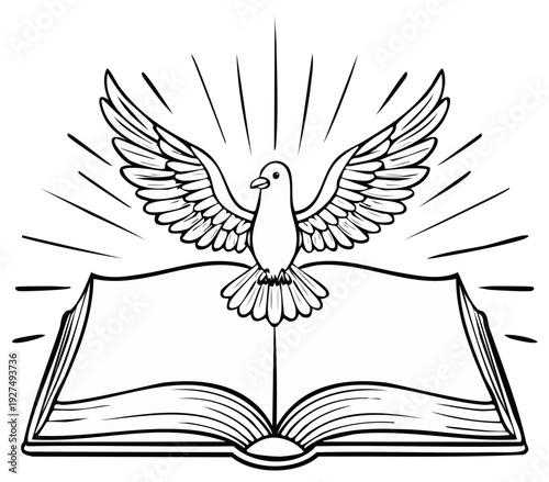 Dove Flying Above Open Book with Rays of Light Religious Symbol Vector Illustration