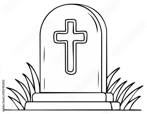 Gravestone with Cross and Grass Vector Illustration
