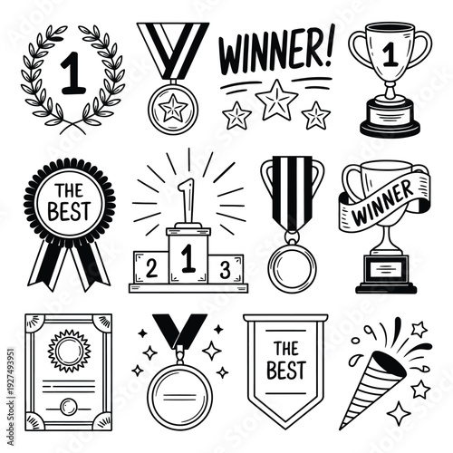 award and winner doodle, hand drawn trophy and laurel wreath for champion banner esports design victory ceremony or school achievement, vector isolated competition graphics prize emblem set.
