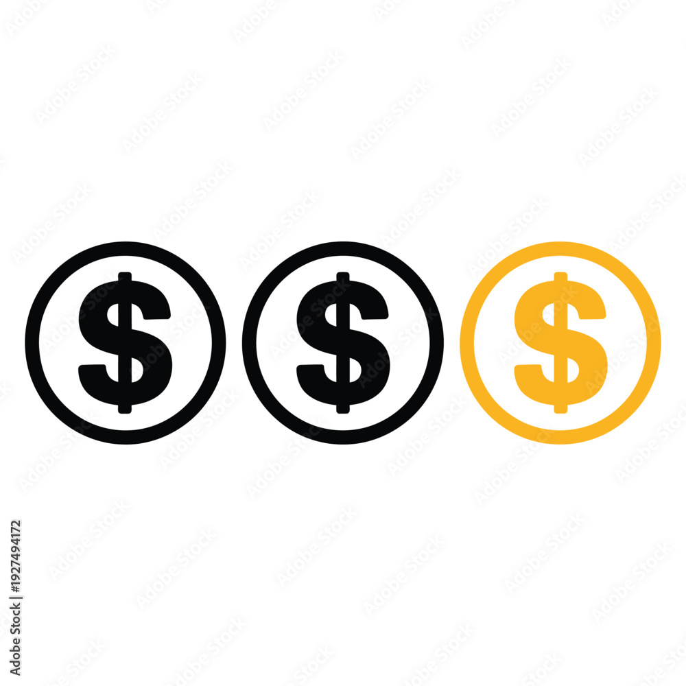 Fototapeta premium dollar coin icon set in outline solid and yellow styles, money currency symbols for banking financial services business payment and wealth management gold coin vector illustration. 