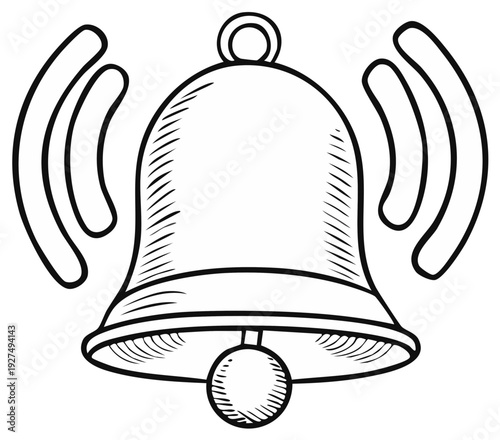 Line drawing of a ringing bell with sound waves, simple outline illustration.