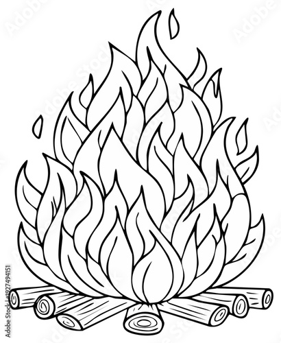 Campfire Illustration with Flames and Logs for Coloring Book and Outline Designs