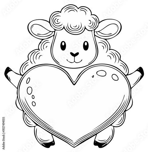 Cute cartoon sheep holding a heart, black and white line art