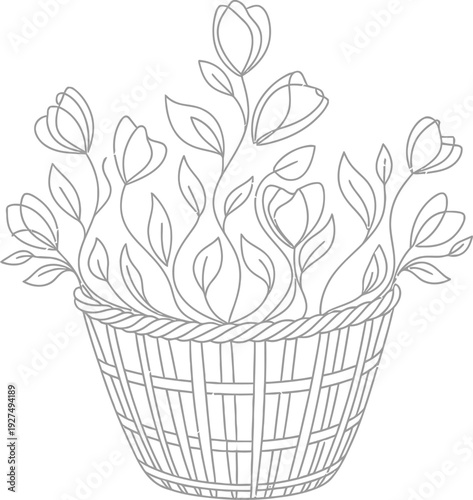 Simple line art illustration of a basket filled with beautiful blooming flowers, perfect for coloring books or nature-themed designs.