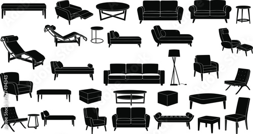 Furniture silhouette collection including sofas, chairs, tables and lounge seats, modern interior design elements set for home decor vector illustration.